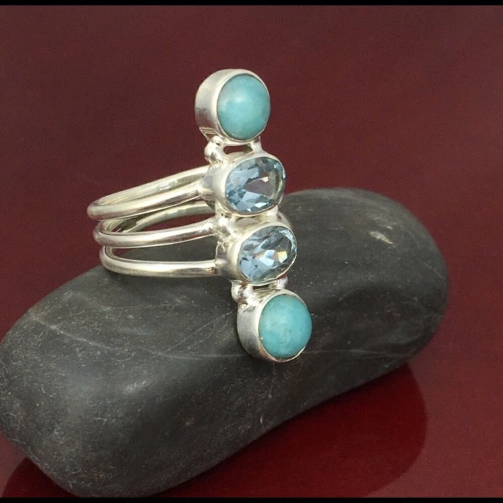 Green Peruvian Amazonite Blue Topaz  Sterling Silver Ring Size 6.5